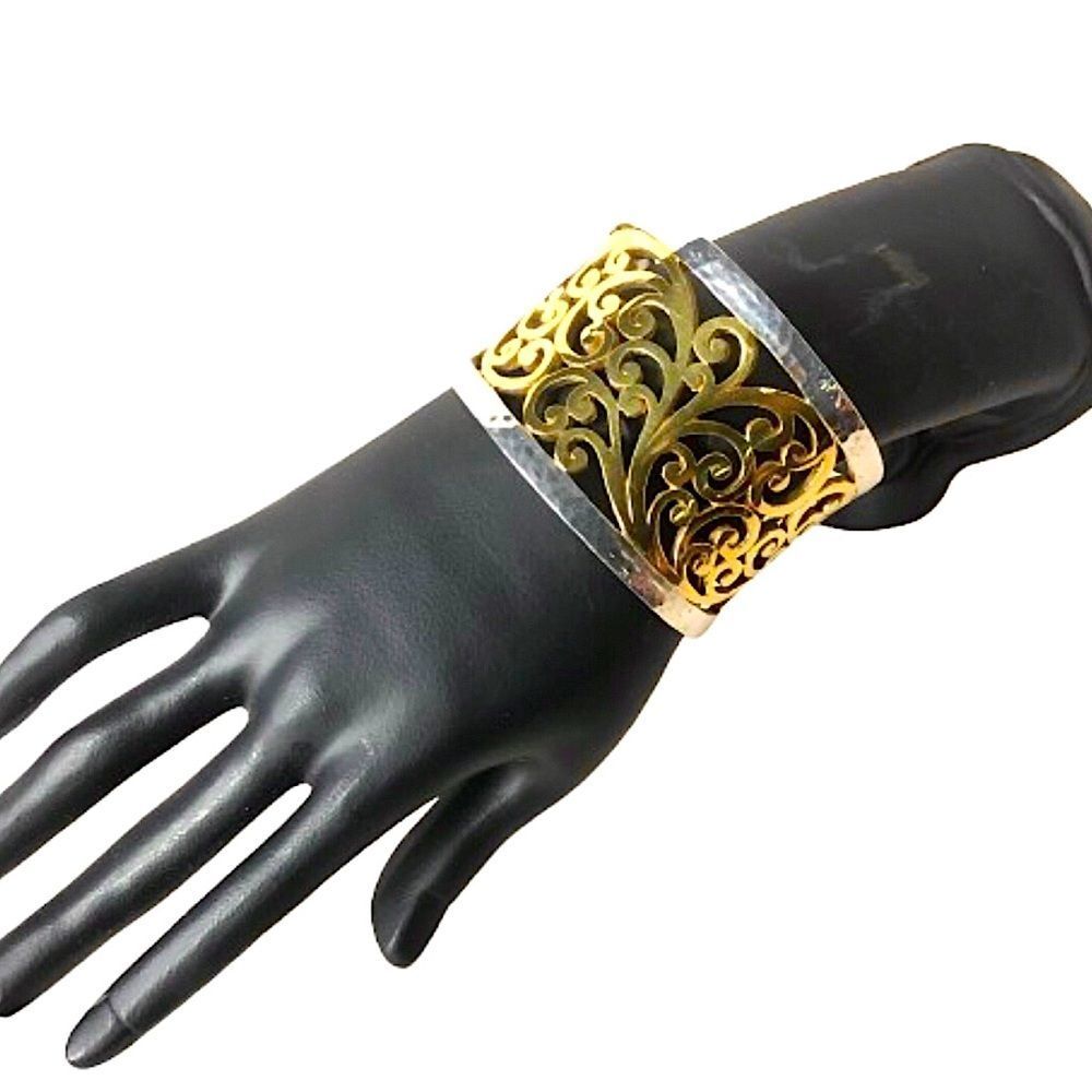 LOIS HILL Sterling Silver and 18k Yellow Gold Cut Out Scroll Cuff Wide Bracelet